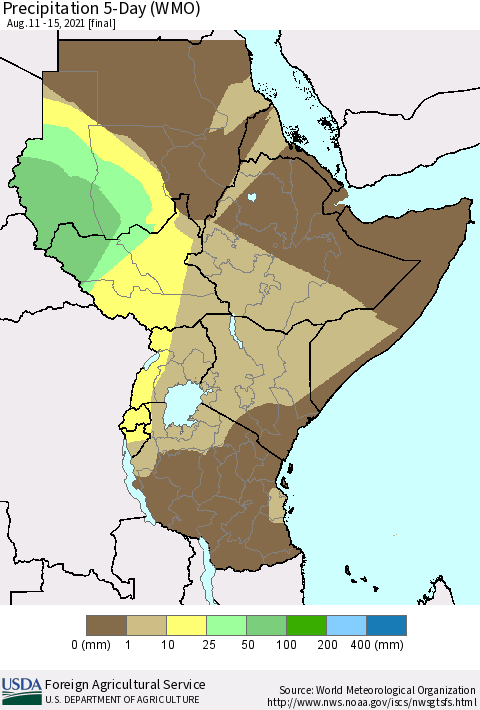 Eastern Africa Precipitation 5-Day (WMO) Thematic Map For 8/11/2021 - 8/15/2021