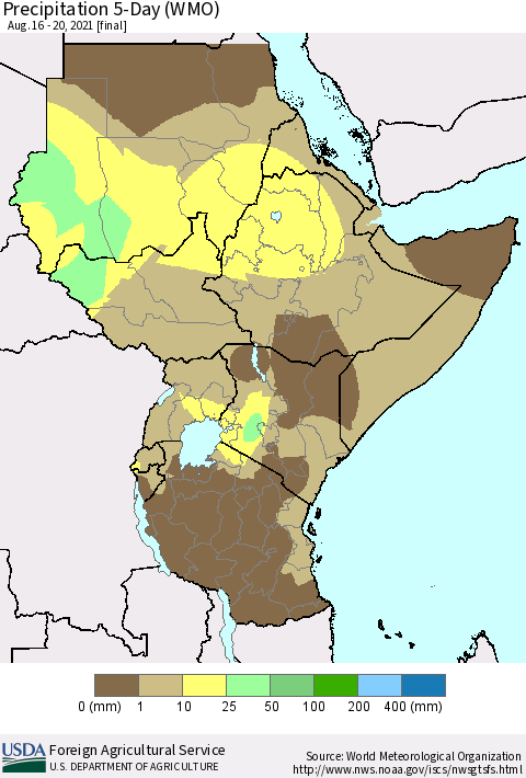 Eastern Africa Precipitation 5-Day (WMO) Thematic Map For 8/16/2021 - 8/20/2021