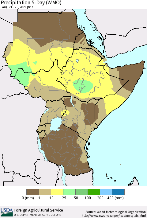 Eastern Africa Precipitation 5-Day (WMO) Thematic Map For 8/21/2021 - 8/25/2021
