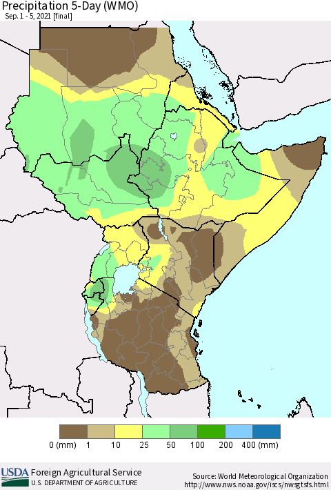 Eastern Africa Precipitation 5-Day (WMO) Thematic Map For 9/1/2021 - 9/5/2021