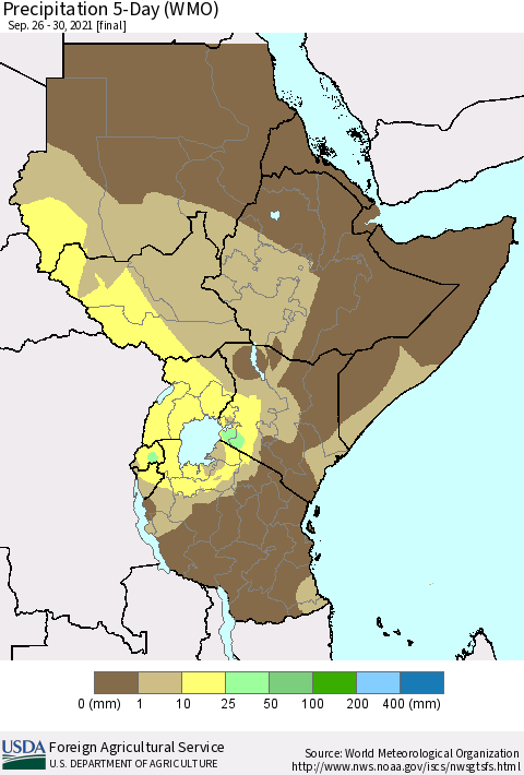 Eastern Africa Precipitation 5-Day (WMO) Thematic Map For 9/26/2021 - 9/30/2021