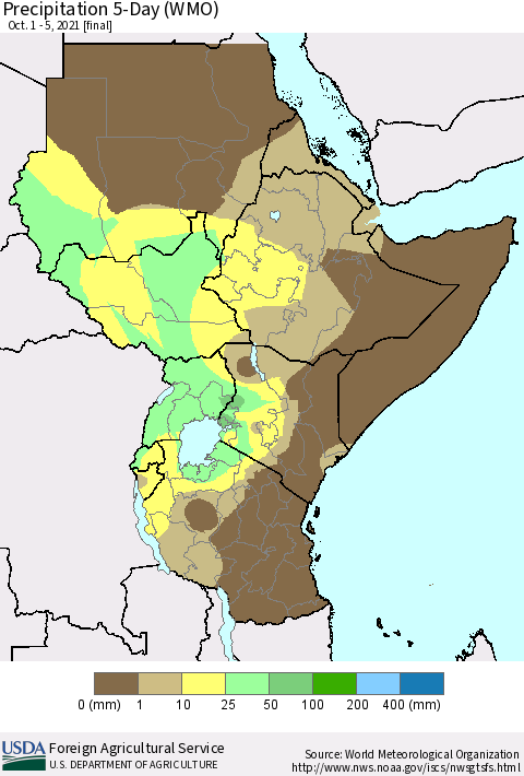 Eastern Africa Precipitation 5-Day (WMO) Thematic Map For 10/1/2021 - 10/5/2021