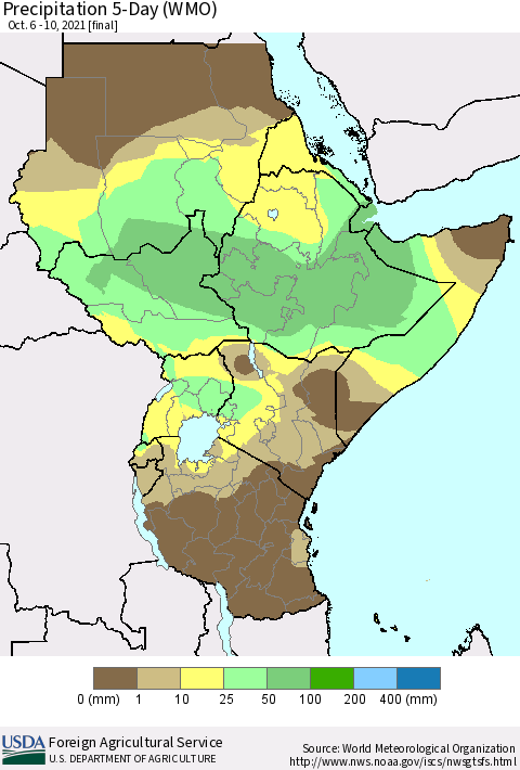 Eastern Africa Precipitation 5-Day (WMO) Thematic Map For 10/6/2021 - 10/10/2021