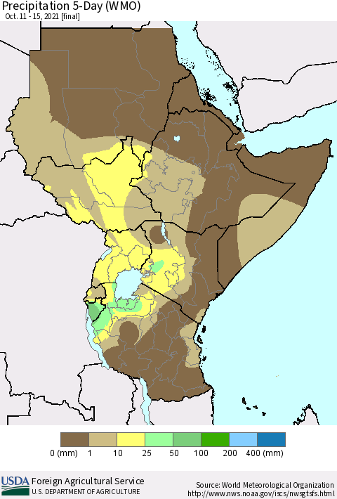 Eastern Africa Precipitation 5-Day (WMO) Thematic Map For 10/11/2021 - 10/15/2021