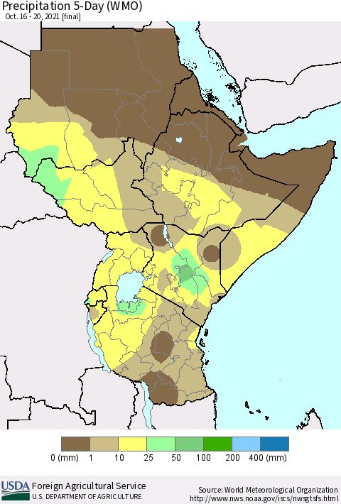 Eastern Africa Precipitation 5-Day (WMO) Thematic Map For 10/16/2021 - 10/20/2021