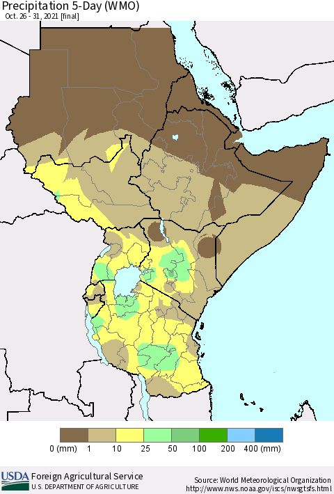 Eastern Africa Precipitation 5-Day (WMO) Thematic Map For 10/26/2021 - 10/31/2021