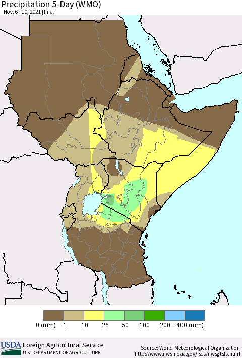 Eastern Africa Precipitation 5-Day (WMO) Thematic Map For 11/6/2021 - 11/10/2021