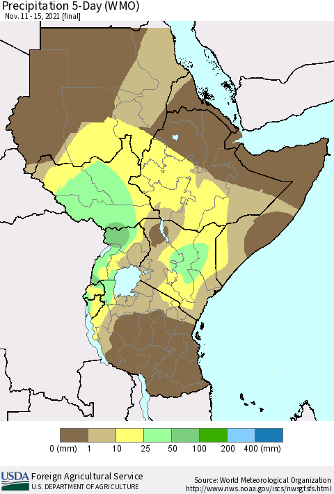 Eastern Africa Precipitation 5-Day (WMO) Thematic Map For 11/11/2021 - 11/15/2021
