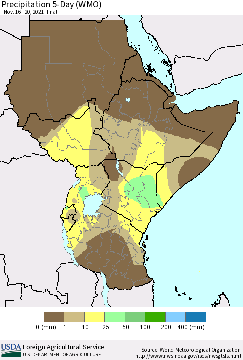 Eastern Africa Precipitation 5-Day (WMO) Thematic Map For 11/16/2021 - 11/20/2021
