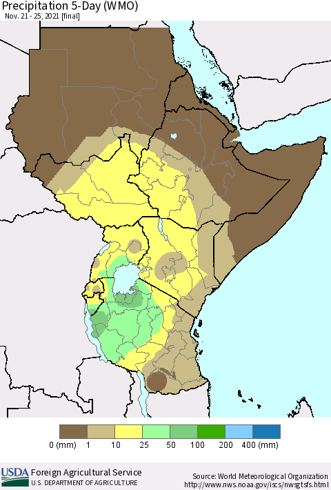 Eastern Africa Precipitation 5-Day (WMO) Thematic Map For 11/21/2021 - 11/25/2021