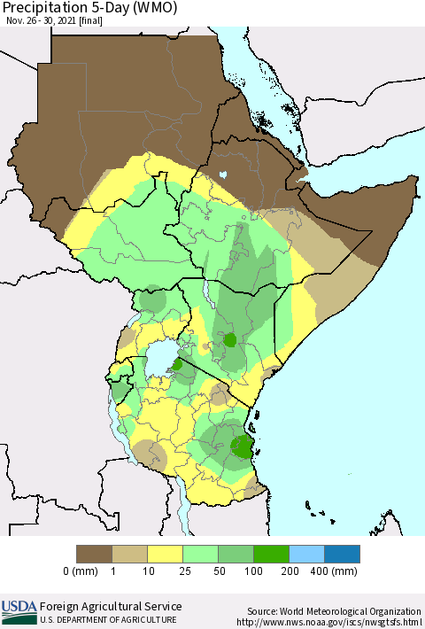Eastern Africa Precipitation 5-Day (WMO) Thematic Map For 11/26/2021 - 11/30/2021