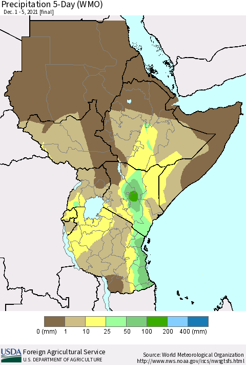 Eastern Africa Precipitation 5-Day (WMO) Thematic Map For 12/1/2021 - 12/5/2021
