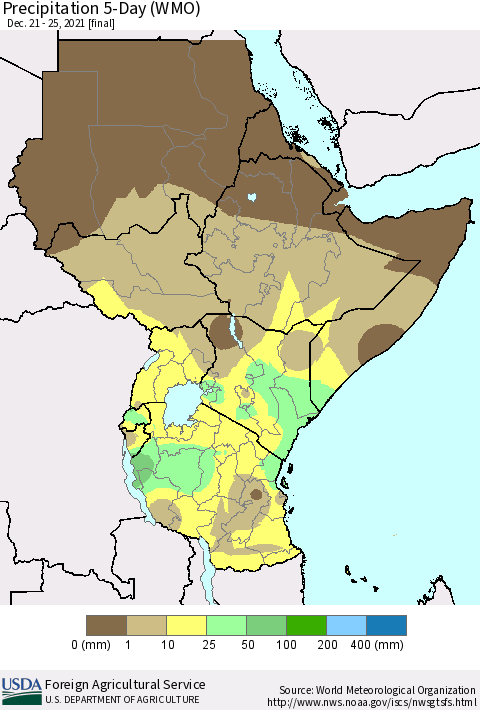 Eastern Africa Precipitation 5-Day (WMO) Thematic Map For 12/21/2021 - 12/25/2021