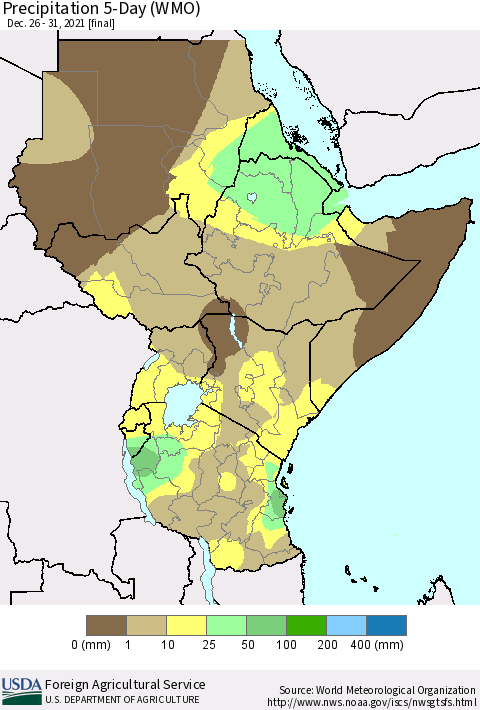 Eastern Africa Precipitation 5-Day (WMO) Thematic Map For 12/26/2021 - 12/31/2021