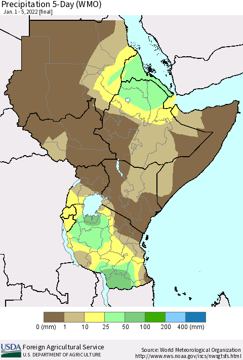Eastern Africa Precipitation 5-Day (WMO) Thematic Map For 1/1/2022 - 1/5/2022