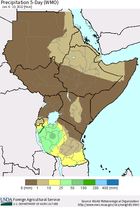 Eastern Africa Precipitation 5-Day (WMO) Thematic Map For 1/6/2022 - 1/10/2022