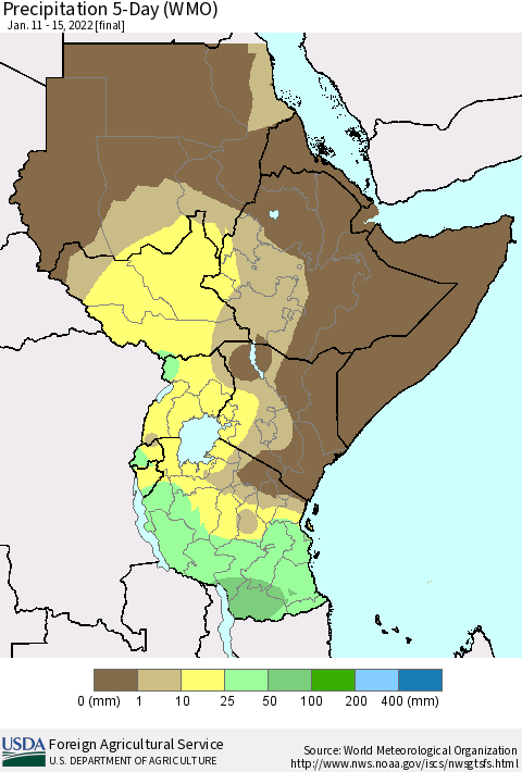 Eastern Africa Precipitation 5-Day (WMO) Thematic Map For 1/11/2022 - 1/15/2022