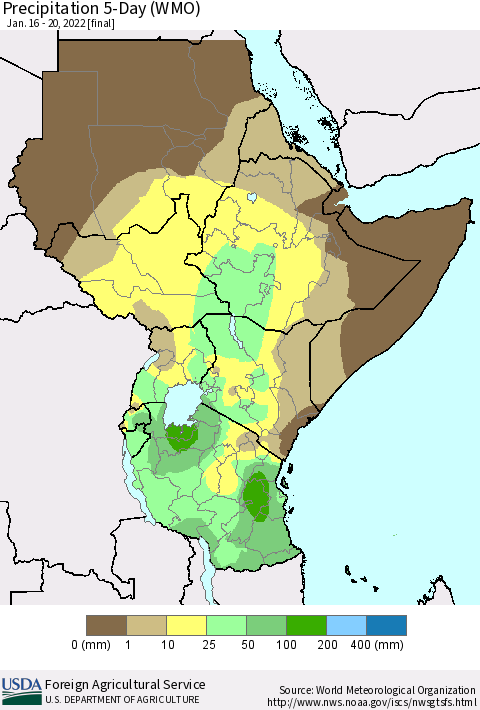 Eastern Africa Precipitation 5-Day (WMO) Thematic Map For 1/16/2022 - 1/20/2022