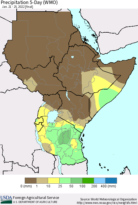 Eastern Africa Precipitation 5-Day (WMO) Thematic Map For 1/21/2022 - 1/25/2022