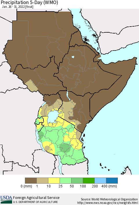 Eastern Africa Precipitation 5-Day (WMO) Thematic Map For 1/26/2022 - 1/31/2022