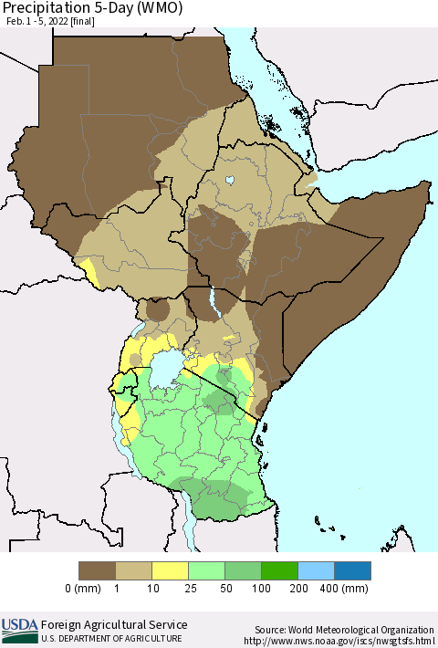 Eastern Africa Precipitation 5-Day (WMO) Thematic Map For 2/1/2022 - 2/5/2022