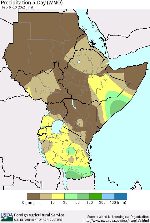Eastern Africa Precipitation 5-Day (WMO) Thematic Map For 2/6/2022 - 2/10/2022