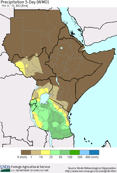 Eastern Africa Precipitation 5-Day (WMO) Thematic Map For 2/11/2022 - 2/15/2022