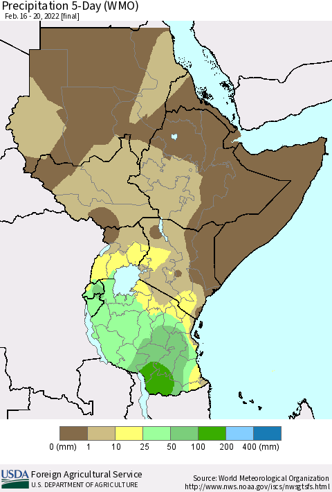 Eastern Africa Precipitation 5-Day (WMO) Thematic Map For 2/16/2022 - 2/20/2022