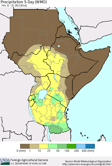 Eastern Africa Precipitation 5-Day (WMO) Thematic Map For 2/21/2022 - 2/25/2022