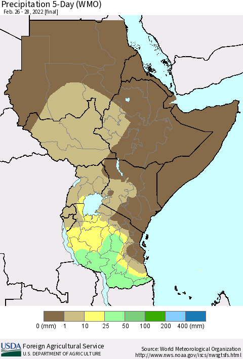 Eastern Africa Precipitation 5-Day (WMO) Thematic Map For 2/26/2022 - 2/28/2022