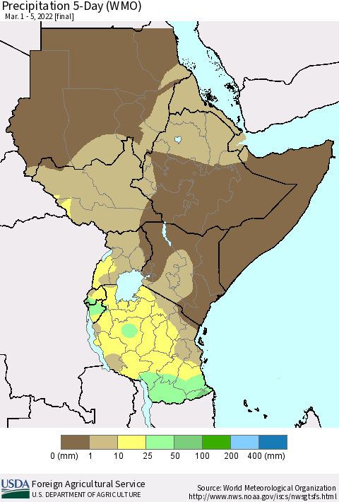 Eastern Africa Precipitation 5-Day (WMO) Thematic Map For 3/1/2022 - 3/5/2022