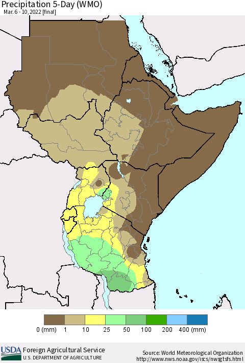 Eastern Africa Precipitation 5-Day (WMO) Thematic Map For 3/6/2022 - 3/10/2022