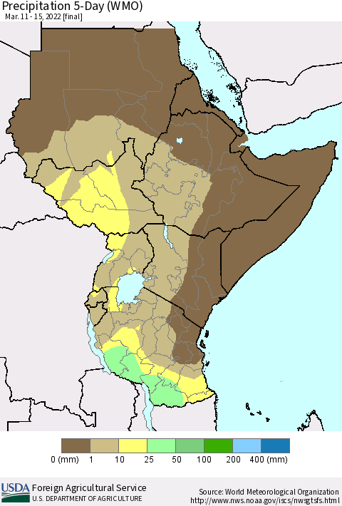 Eastern Africa Precipitation 5-Day (WMO) Thematic Map For 3/11/2022 - 3/15/2022