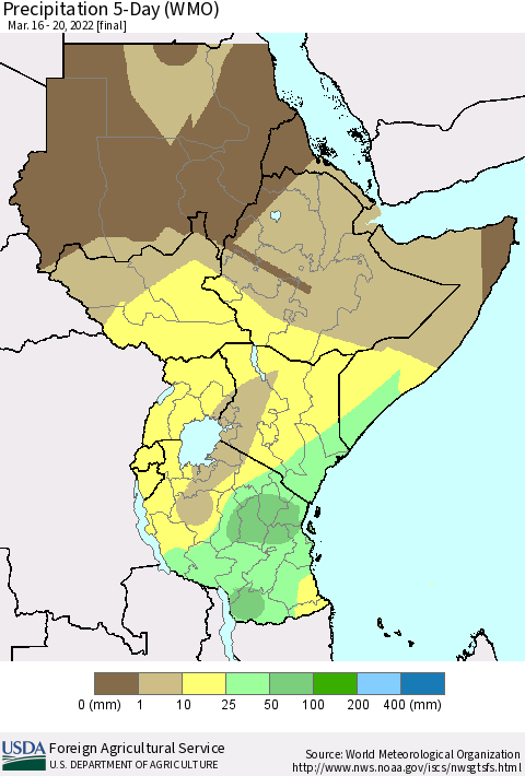 Eastern Africa Precipitation 5-Day (WMO) Thematic Map For 3/16/2022 - 3/20/2022