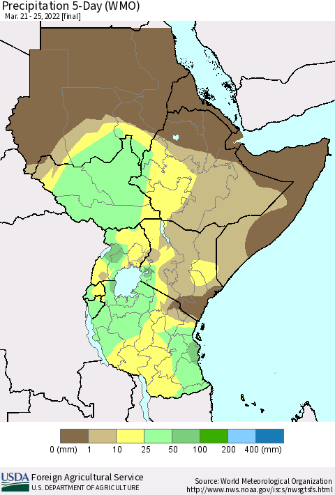 Eastern Africa Precipitation 5-Day (WMO) Thematic Map For 3/21/2022 - 3/25/2022