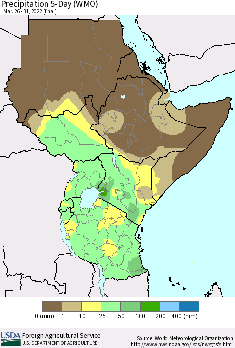 Eastern Africa Precipitation 5-Day (WMO) Thematic Map For 3/26/2022 - 3/31/2022
