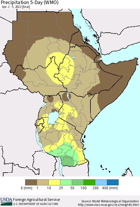 Eastern Africa Precipitation 5-Day (WMO) Thematic Map For 4/1/2022 - 4/5/2022