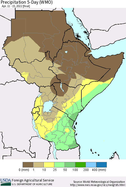 Eastern Africa Precipitation 5-Day (WMO) Thematic Map For 4/11/2022 - 4/15/2022