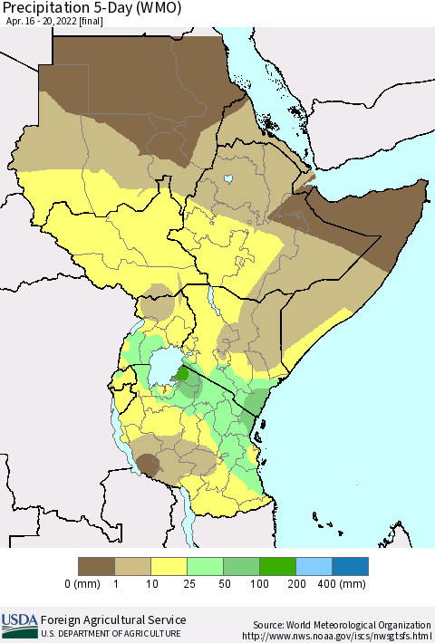 Eastern Africa Precipitation 5-Day (WMO) Thematic Map For 4/16/2022 - 4/20/2022