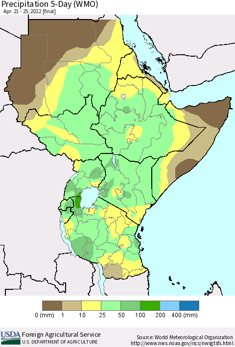Eastern Africa Precipitation 5-Day (WMO) Thematic Map For 4/21/2022 - 4/25/2022