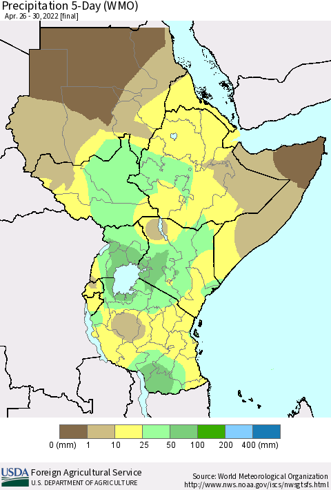 Eastern Africa Precipitation 5-Day (WMO) Thematic Map For 4/26/2022 - 4/30/2022
