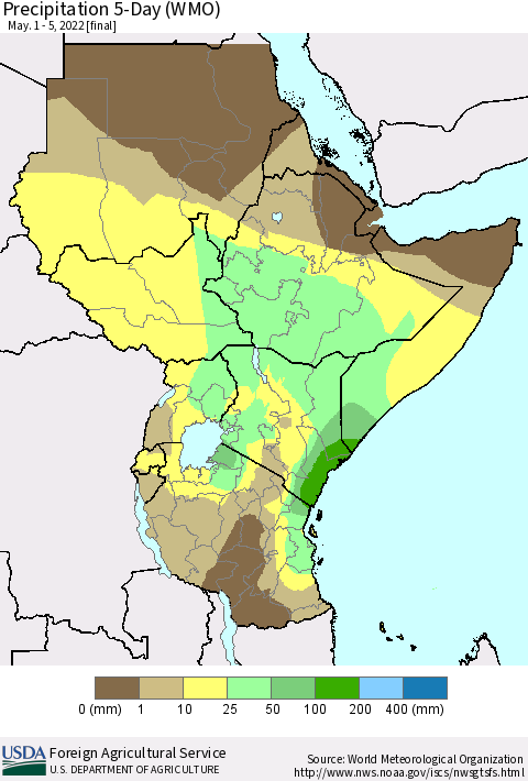 Eastern Africa Precipitation 5-Day (WMO) Thematic Map For 5/1/2022 - 5/5/2022
