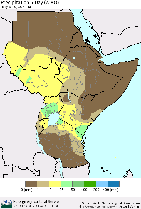 Eastern Africa Precipitation 5-Day (WMO) Thematic Map For 5/6/2022 - 5/10/2022
