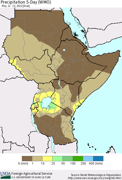 Eastern Africa Precipitation 5-Day (WMO) Thematic Map For 5/11/2022 - 5/15/2022