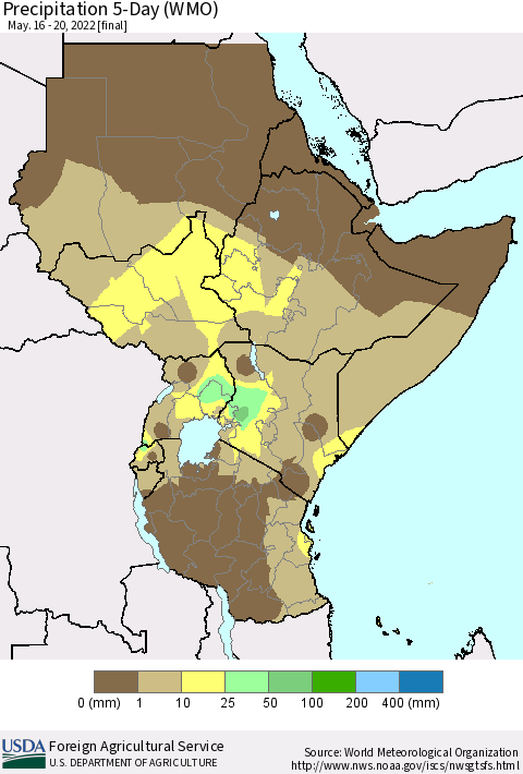 Eastern Africa Precipitation 5-Day (WMO) Thematic Map For 5/16/2022 - 5/20/2022
