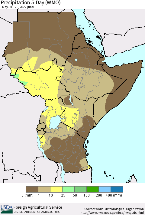 Eastern Africa Precipitation 5-Day (WMO) Thematic Map For 5/21/2022 - 5/25/2022