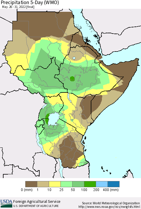 Eastern Africa Precipitation 5-Day (WMO) Thematic Map For 5/26/2022 - 5/31/2022