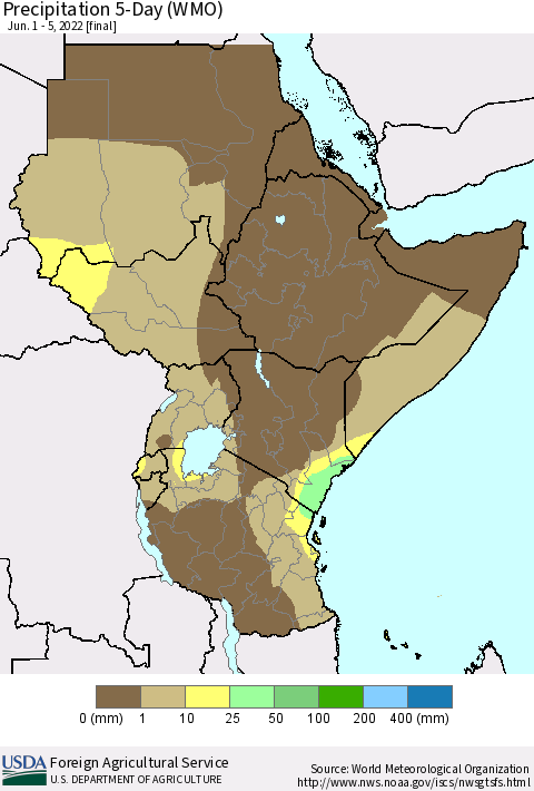 Eastern Africa Precipitation 5-Day (WMO) Thematic Map For 6/1/2022 - 6/5/2022