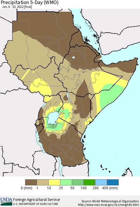 Eastern Africa Precipitation 5-Day (WMO) Thematic Map For 6/6/2022 - 6/10/2022
