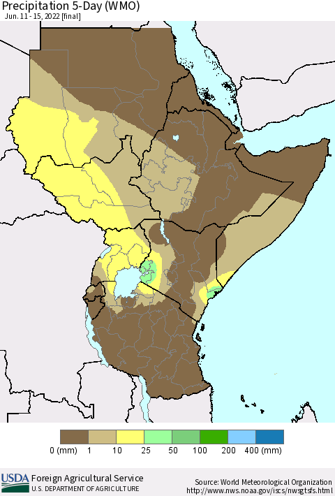 Eastern Africa Precipitation 5-Day (WMO) Thematic Map For 6/11/2022 - 6/15/2022